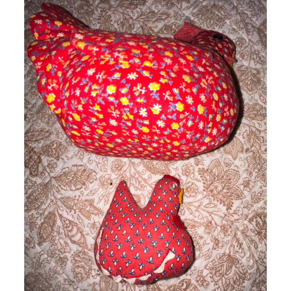 Handmade Primitive Fabric Chicken Hen & Chick Set Red Floral Country Farmhouse